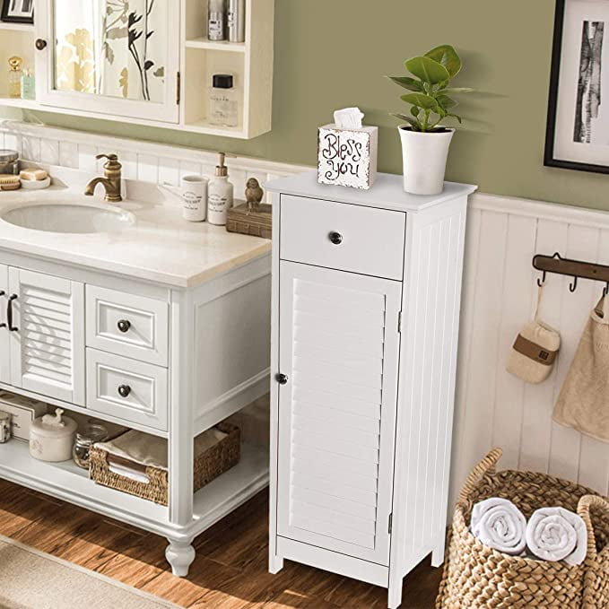 KINGSO Bathroom Floor Cabinet Storage Organizer Set with Drawer and Adjustable Single Shutter Door Wooden Brown