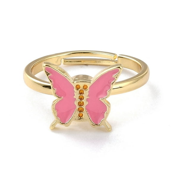 5pcs Butterfly Fidget Ring for Anxiety Stress Relief Adjustable Spinner Ring Alloy Enamel Rotating Ring Golden Deep Pink Size 6 1/2(16.9mm)