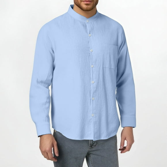 Men's Fashion Linen Long Sleeved Stand Up Collar Shirt for Spring and Autumn Casual Breathable Chinese Pocket Top for Men