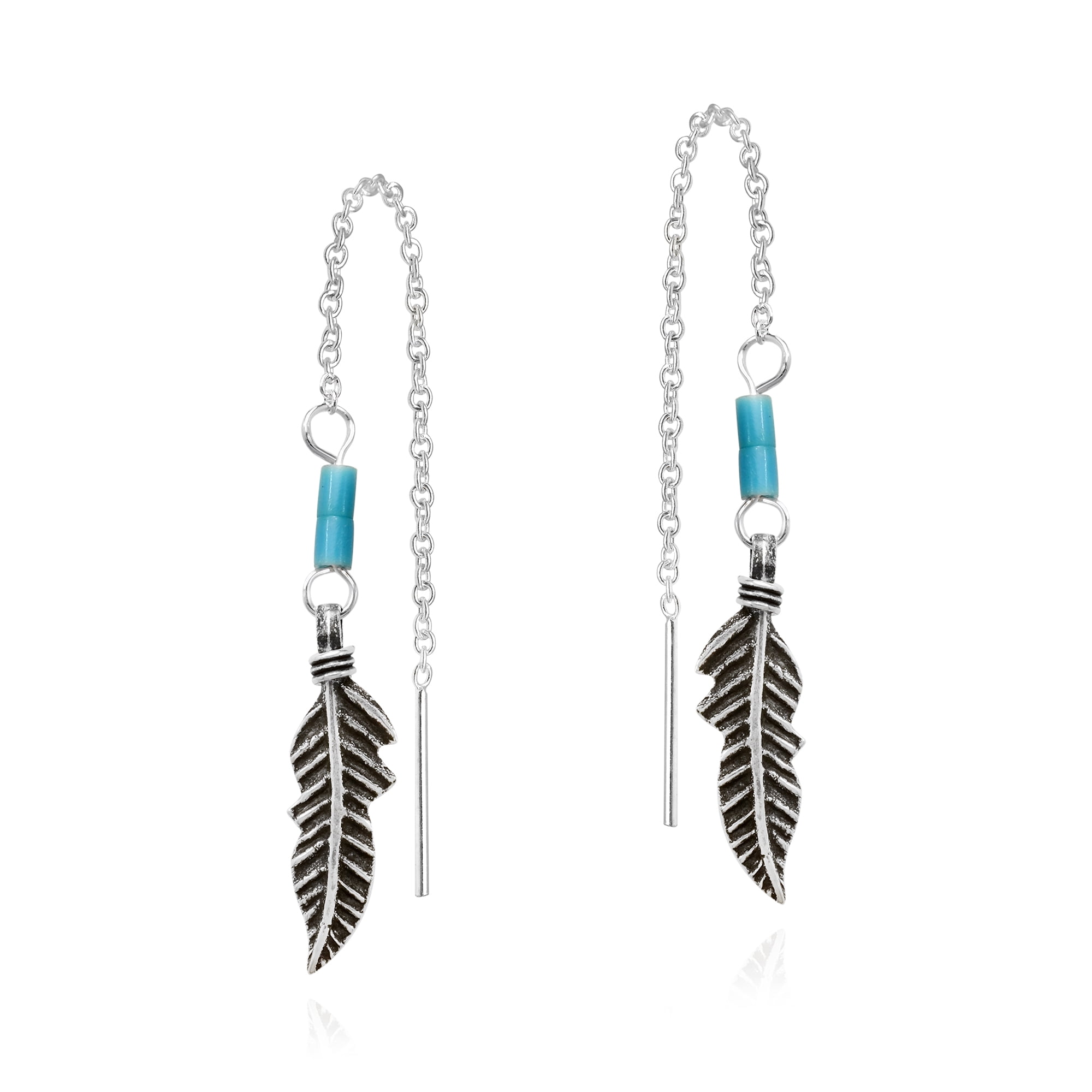 Elegant Feather & Reconstructed Blue Turquoise Slide Through Earrings ...