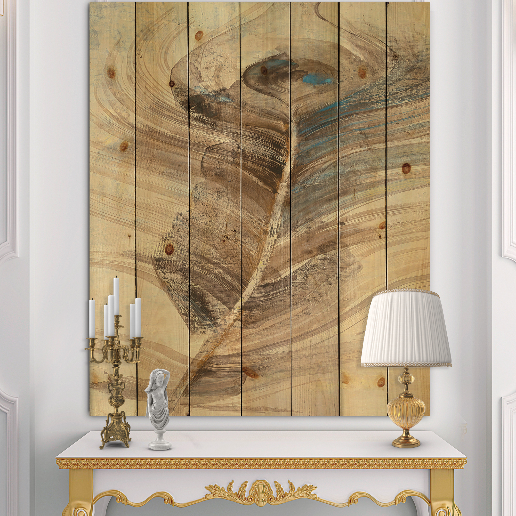 Designart 'Peacock Feather Natural elements' Traditional Print on Natural Pine Wood