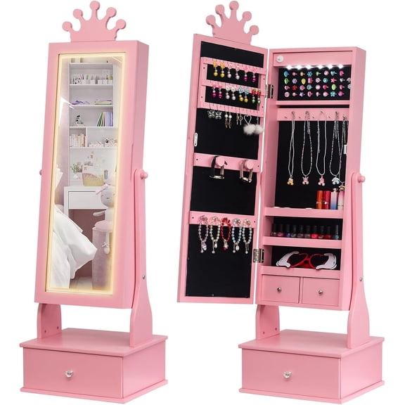 Zzistar Kids Freestanding Jewelry Armoire with Mirror , Child Jewelry Cabinet with Led Light, 3 Storage Drawers for Girls,Pink