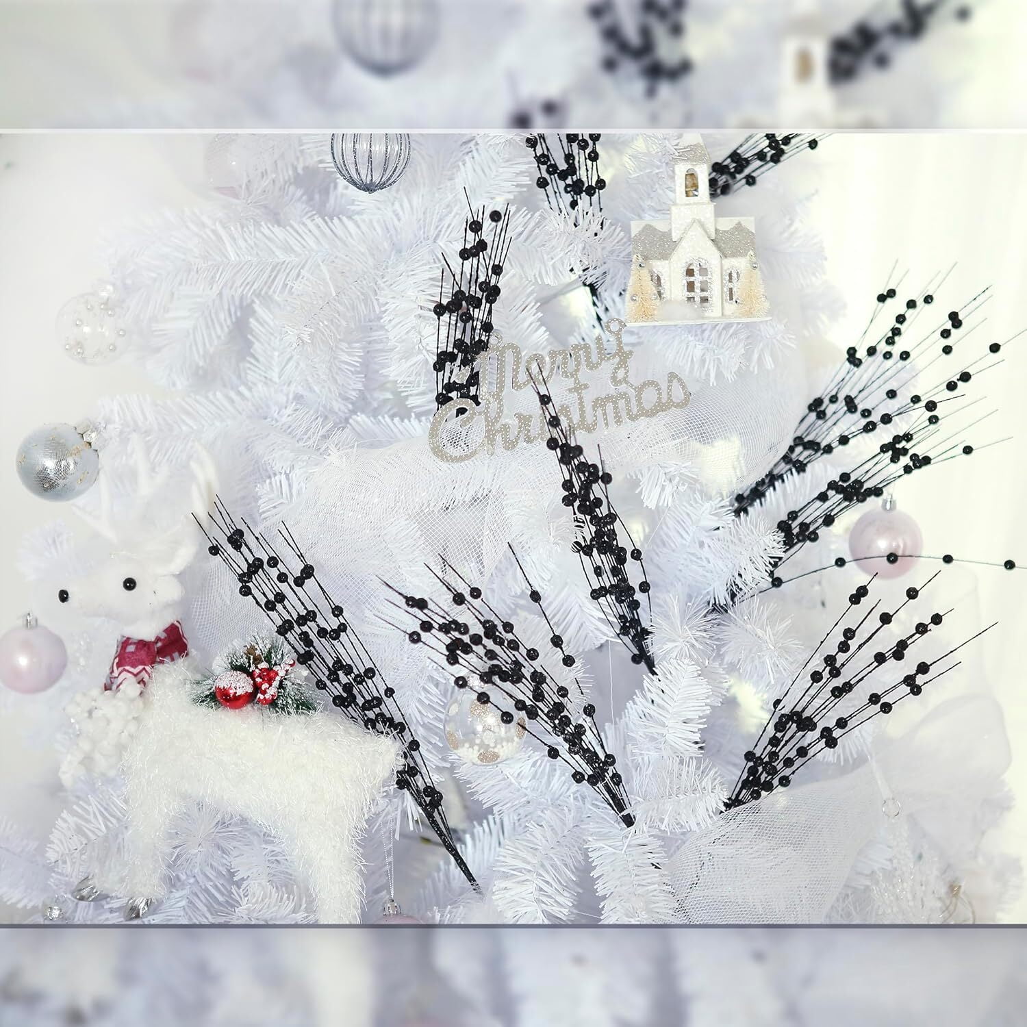 LQQBOX 30 Christmas Black Glitter Berries Stems 19.7 Inch Artificial Berries Picks for Christmas Tree Faux Holly Berry Twigs Branches for DIY Crafts Holiday Wedding Decor