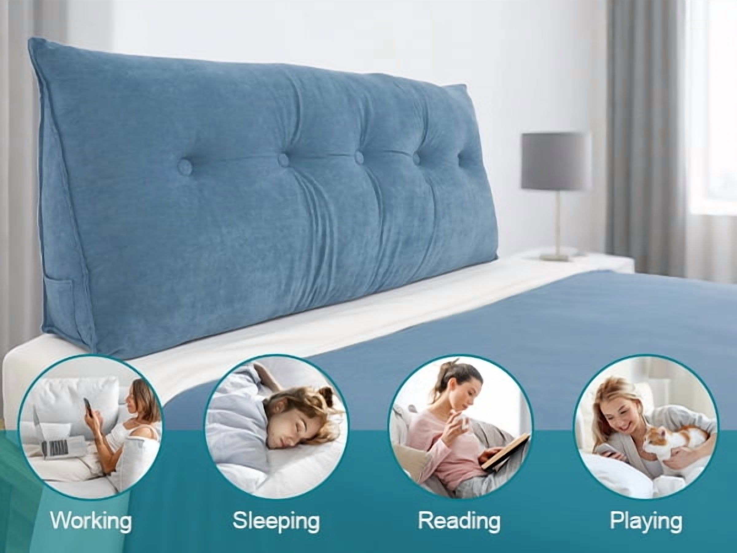 Bed Wedge Pillow for Headboard, King Triangle Headboard Pillow,Blue