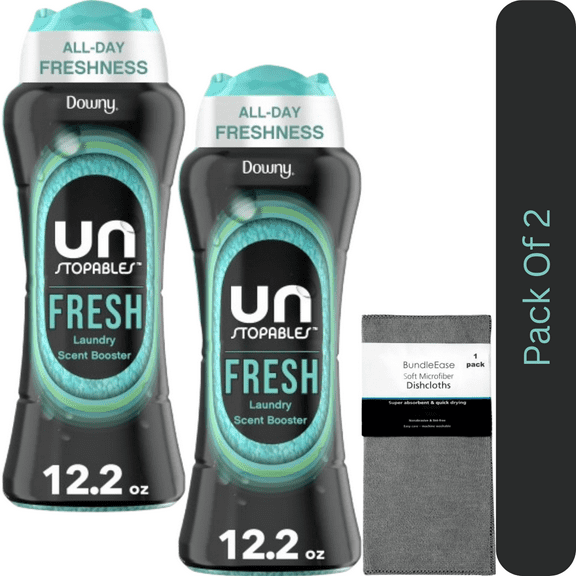 Downy Unstopables Fresh Scent In-Wash Laundry Booster Beads, 12.2 oz with Microfiber Solid Color Towel by BundleEase