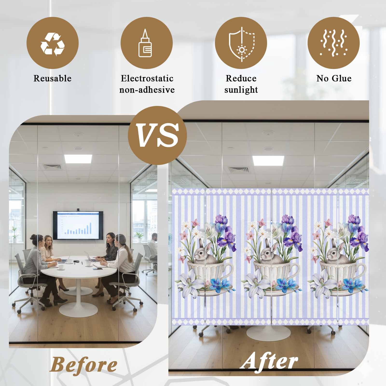 Cup Rabbit Window Privacy Film, Easter Watercolor Tea Cup Bunny Floral Purple Stripes Frosted Glass Window Clings Static Cling UV Heat Blocking Reusable Door Sticker for Bathroom 29.5 x 118 Inch