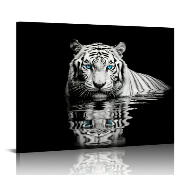 EastSmooth   Black & White Tiger Canvas Wall Art Wild Animal Print Picture Blue Eyed Tiger Painting Artwork for Kitchen Office Home Wall Decor Stretched and Framed Ready to Hang