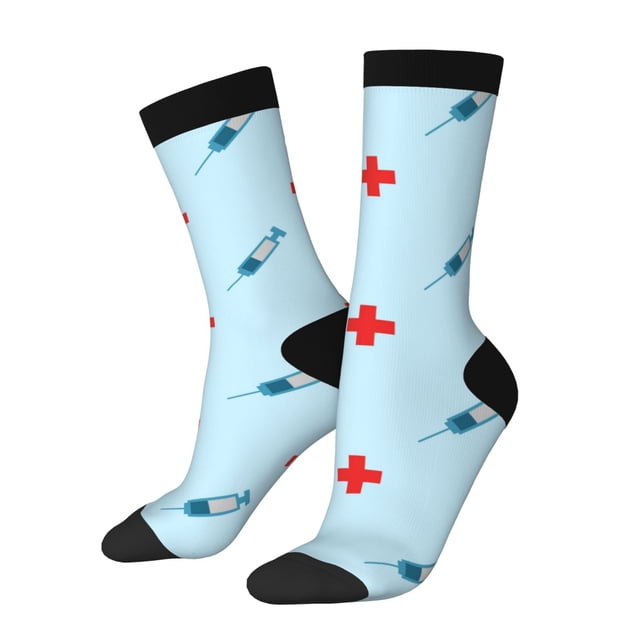 Fotbe Syringe And Red Cross Calcetas Largas con Estampado para Hombre y Mujer – Calcetas de Compresión Transpirables y Elásticas, Viajar y Uso Diario Talla 5-11