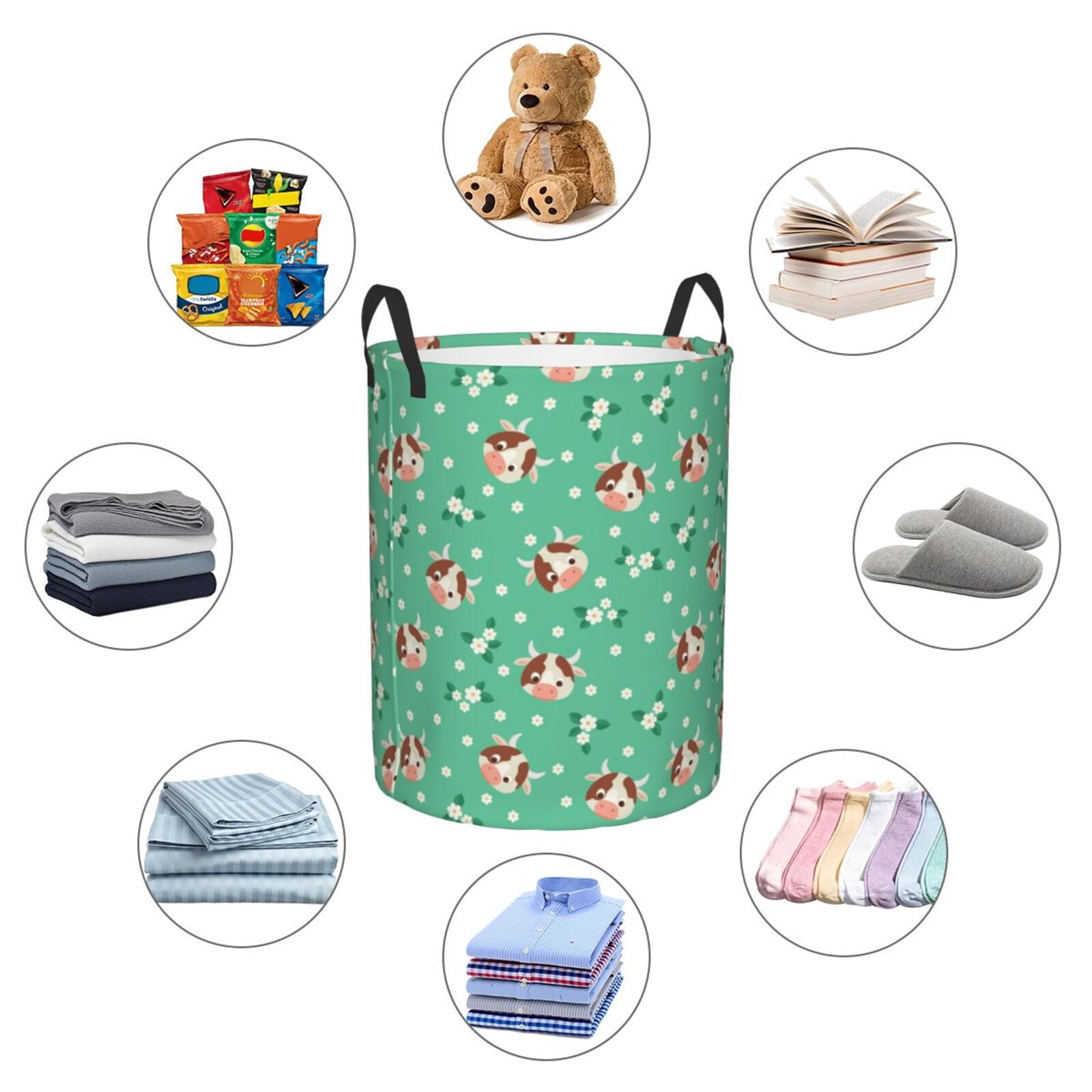 Large Laundry Basket with Handles - Cartoon Cute Cow Head Flower Kids Baby Dirty Clothes Laundry Hamper for Bedroom Aesthetic
