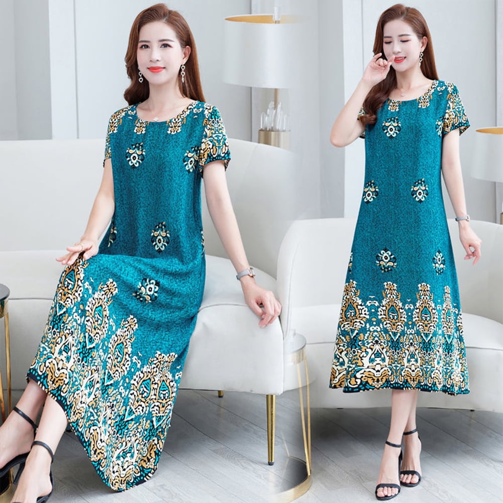 Volkmi 1 Polyester Imprime Ethnique Robe Femme Grande Taille d Age Moyen et Vieux Jupe Longue a Manches Courtes Bleu Fonce 3XL Walmart