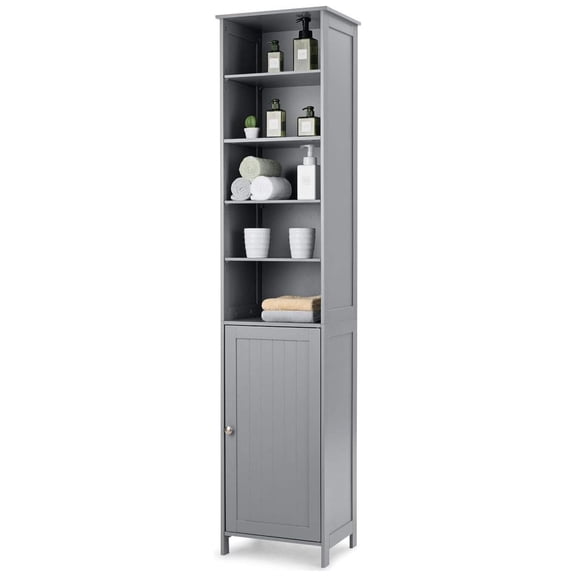72” Tall Storage Cabinet, Bathroom Floor Cabinet with Adjustable Shelves, Space Saving Narrow Storage Cabinet with Open Compartment & Storage Space with Door, 16 x 13.5 x 72 inches (Grey)