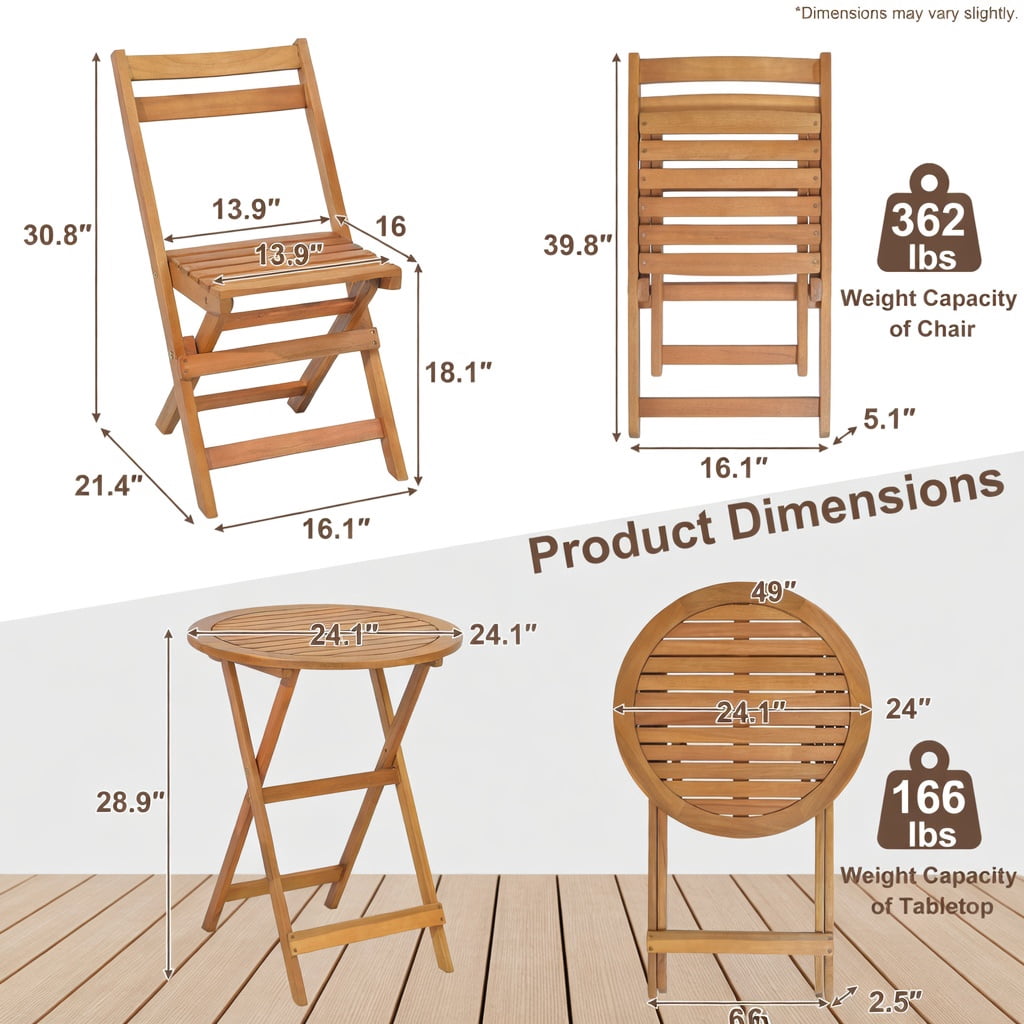 Hommoo 3-Piece Foldable Acacia Wood Patio Bistro Set, Slatted Table & Comfort-Curved Chairs for Poolside, Garden & Small Outdoor Spaces, Natural
