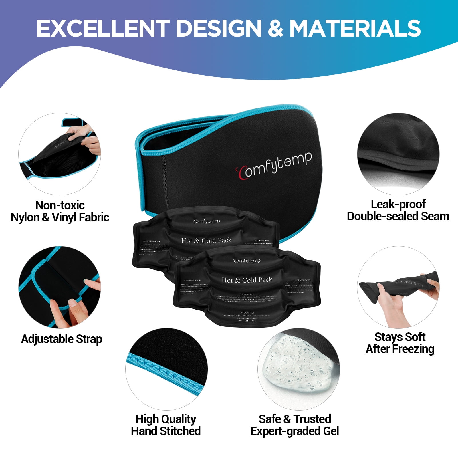Comfytemp Large Back Ice Pack Wrap with 2 Reusable Gels, Hot & Cold Compress for Waist, Hip, Knee & Shoulder Pain Relief & Swelling