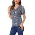 thumbnail image 4 of INSPIRAR CHIC Blusa de Mujer con Volantes Florales, Cuello en V, Mangas Cortas con Abullonadas, Talla XS, Gris Azul, 4 of 6