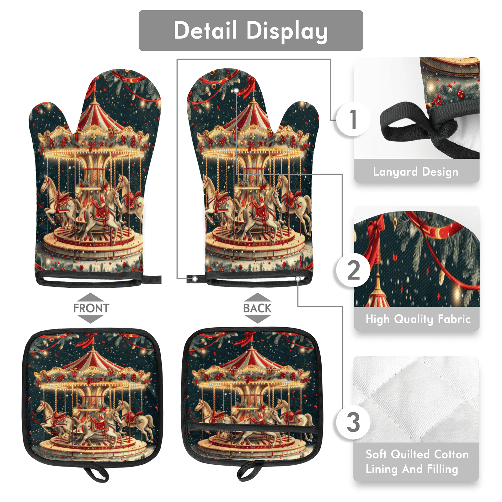 CURLYOOT Christmas Carousel Horse Oven Mitts and Pot Holders Sets of 2, Non-Slip Washable Hot Pads and Oven Gloves for Kitchen Cooking Baking