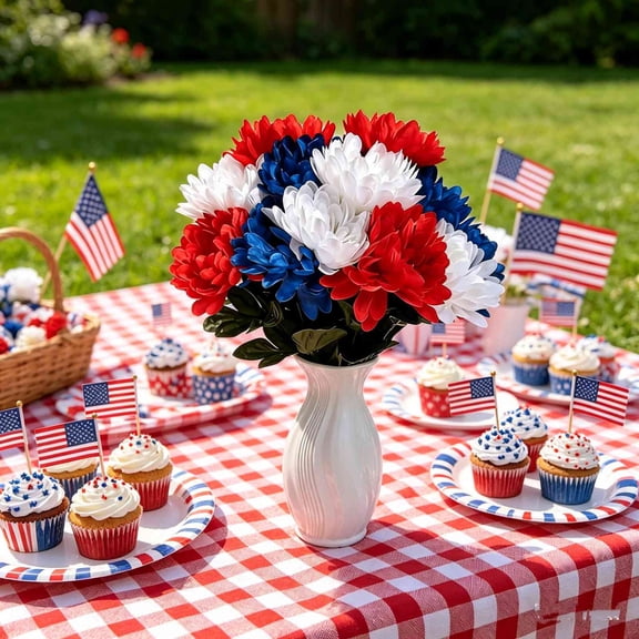 Beautynvta Simulation Flower Memorial Bouquet, Red White and Blue Faux Ball Chrysanthemum Bouquet, 4th of July Flowers for Memorial Day Home Tabletop Vase Decor