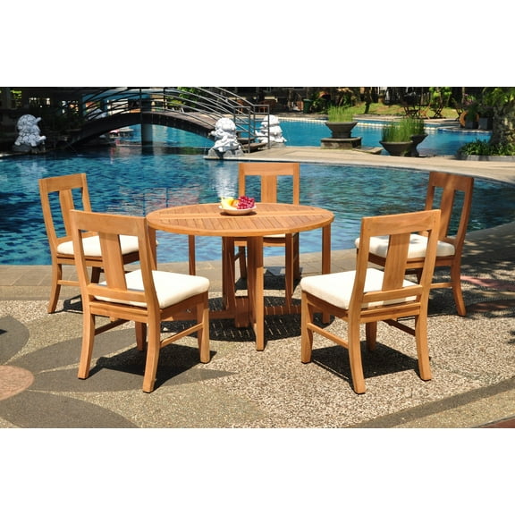 Grade-A Teak Dining Set: 5 Seater 6 Pc: 48" Round Butterfly Table And 5 Osborne Armless Chairs Outdoor Patio WholesaleTeak #WMDSWVm