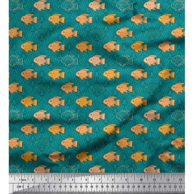 Soimoi Silk Fabric Fish & Shells Ocean Printed Fabric 1 Yard 42 Inch Wide