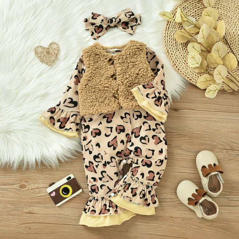 Girl Babysuit Leopard Print Baby Long Sleeve Children Clothes Babysuit Vest Headwear Three Piece Set