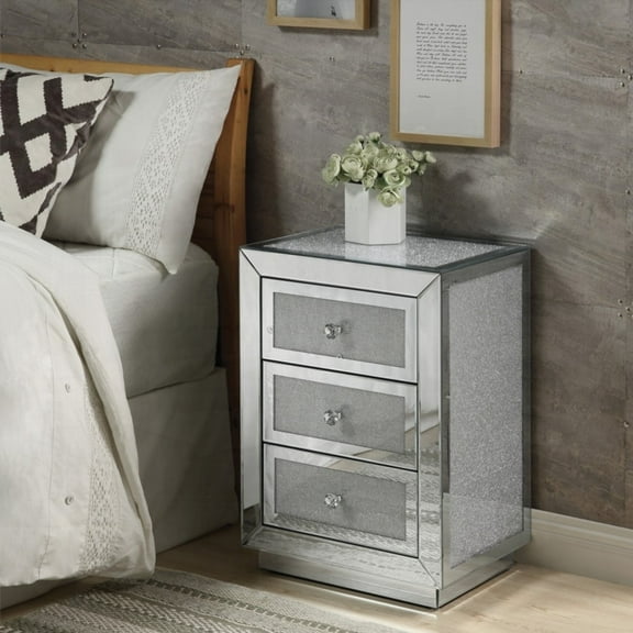 Glam Mirrored Nightstand with 3 Drawers & Faux Diamonds