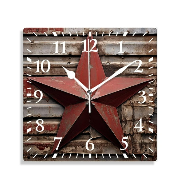 10 Inch Wall Clock Battery Operated Silent Clock Decorative for Office, Kitchen, Outdoor, Living Room，Rustic Wooden Background Pattern with Star Multicolor