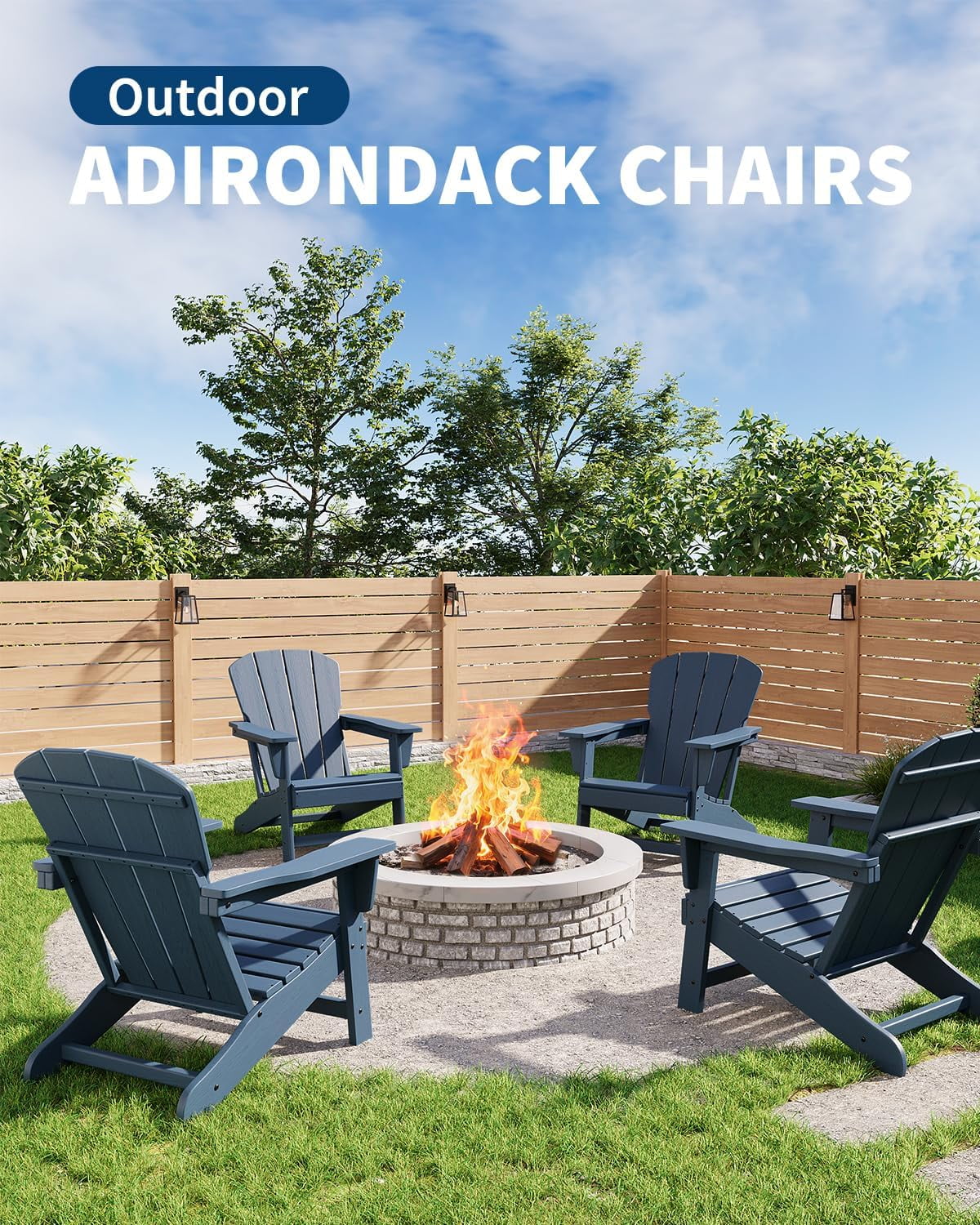Outdoor Adirondack Chairs, HDPE Plastic Patio Chairs for All Weather, Weather-Resistant Fire Pit Chair with Wide Armrests & Slatted Back, for Patio, Deck, Lawn, Navy Blue