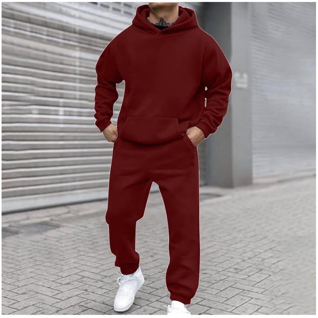Ceisia Men's Solid Color Hooded Tracksuit 2-Piece Set for Casual & Sports Wear Red M Gifts