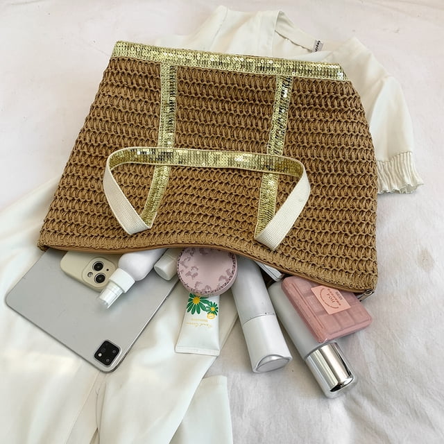 Bolso Hombro Paja Bohemio para Mujer Tejido Femenino Con Lentejuelas Color en (dorado)