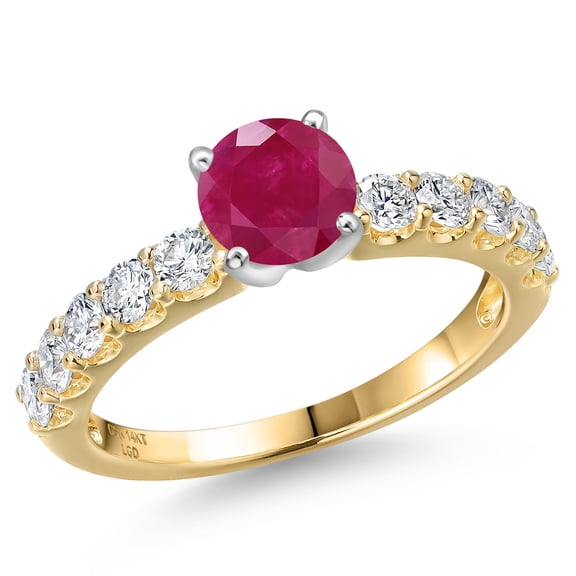 Gem Stone King 14K Two Tone Gold Red Ruby and Lab Grown Diamond Engagement Ring for Women | 1.20 Cttw | Round 5MM | Gemstone July Birthstone | Size 8