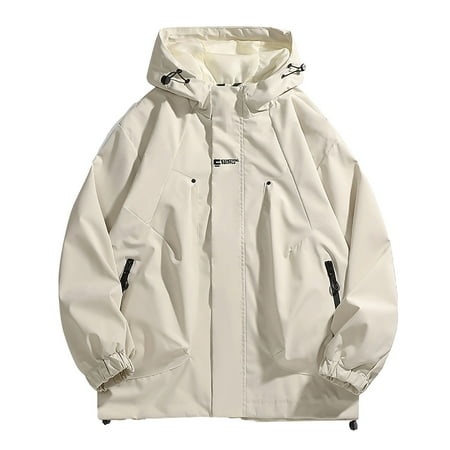 ZCFZJW Men s Waterproof Raincoat Lightweight Rain Jacket with Detachable Hood Long Sleeve Softshell Windbreaker for Hiking Travel Khaki L
