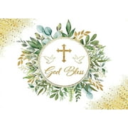 Greenery God Bless Backdrop First Communion Baptism Party Background Green Leaves Baby Shower Party Decor Background Banner for Boy Girls