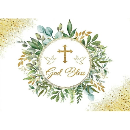 Greenery God Bless Backdrop First Communion Baptism Party Background Green Leaves Baby Shower Party Decor Background Banner for Boy Girls