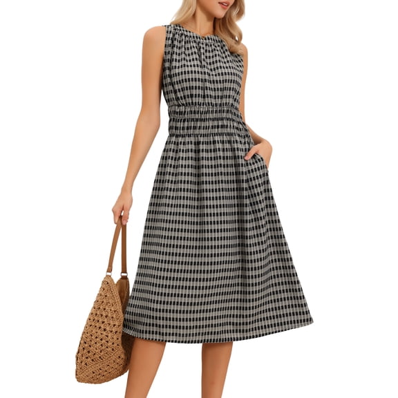 DARING DIVA Women's Sleeveless Plaid Crew Neck Smocked Waist Casual Midi Dress XS Black