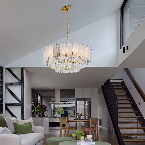 AFANQI 24 Inch 9 Light Living Room Gold Crystal Glass Chandelier, 3 Tier Round K9 Crystal Chandelier, Adjustable Height