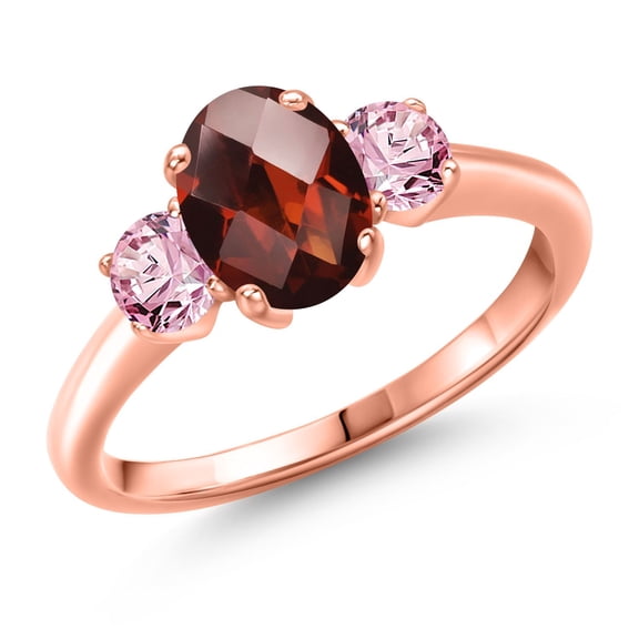 Gem Stone King 2.03 Ct Oval Checkerboard Red Garnet Pink Lab Grown Diamond 18K Rose Gold Plated Silver Ring