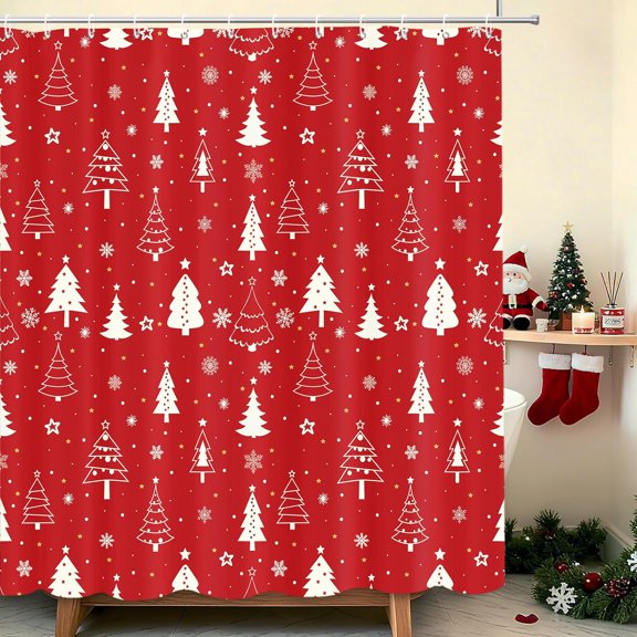 Christmas Tree Shower Curtain Red And White Snowflakes Waterproof Fabric Bathroom Decor 71x71 Inches