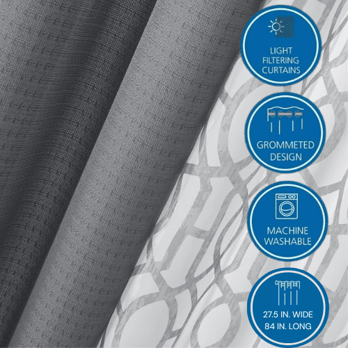 (2 pack) Mainstays Kingswood Solid and Printed Sheer Grommet Curtain Panel Set, 4 Piece, Gray Flannel, 27.5" W x 84" L