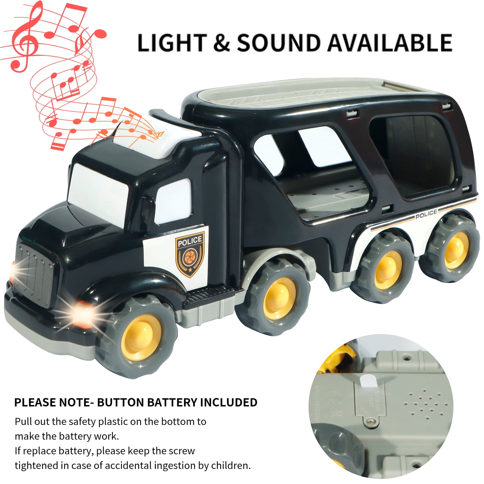 Truck Toys for 3 4 5 6 Years Old Boys Girls - 5 in 1 Carrier Cartoon Shape Transport for Toddlers 1-3, Friction Power Vehicles for Kids 3-5, Christmas New Year Birthday Gifts - Age 3-9, Black