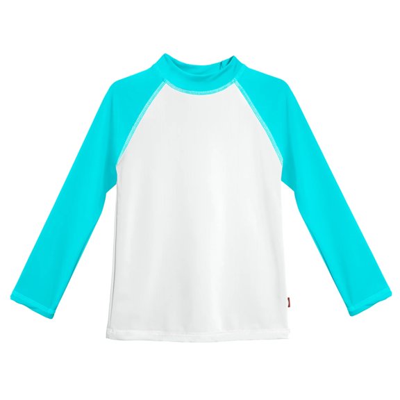 Girls UPF 50  Color Block Long Sleeve Rashguard | White with Turquoise