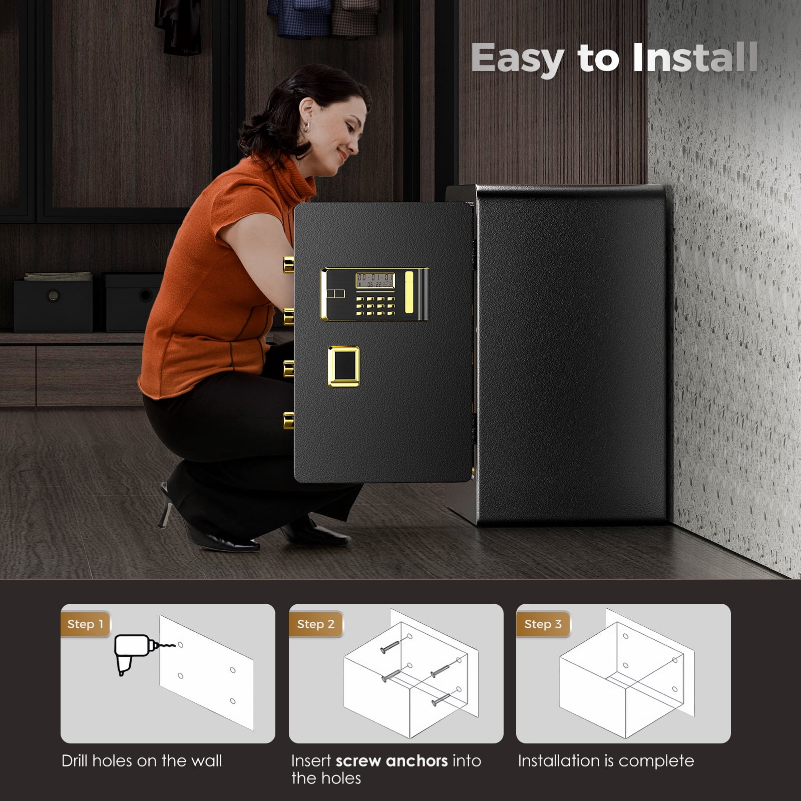 SRWTRCHRY 5.0 Cubic Home Safes,with Interior Safe Lock Box, Fire-Resistant and Water-Resistant Safe Bag, Dual Key System Safety Box with Code, Wall-Mount Large Safes, Floor Safes