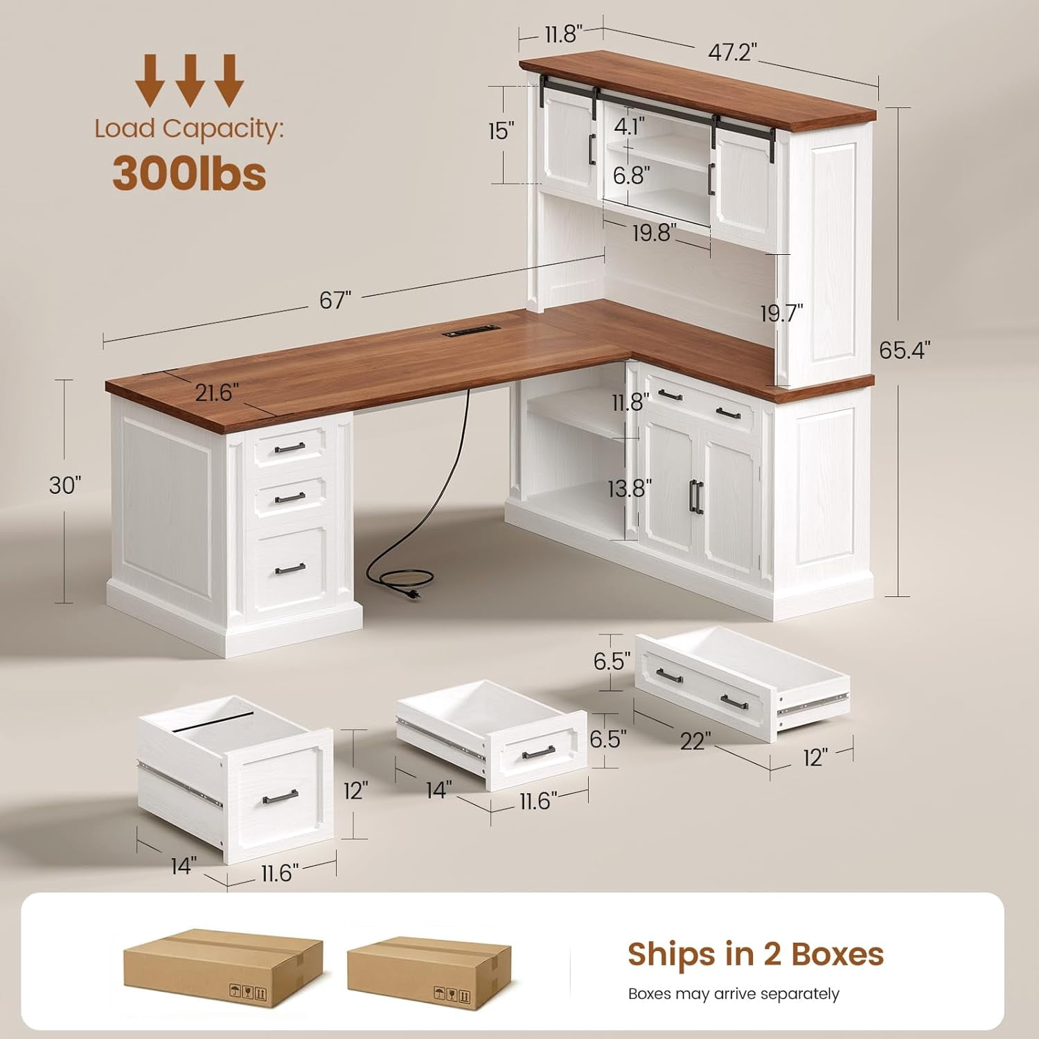 SEDETA 67" Farmhouse L Shaped Desk with Hutch, Executive Home Office Desks with 4 Drawers & Storage Cabinet, Corner Computer Desk with Sliding Doors, File Drawer & Power Outlet, White+Brown