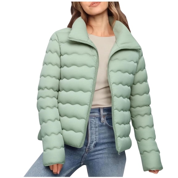 successthop Winter Puffer Jackets for Women Casual Quilted Thick Outwear Zip Long Sleeve Coat Solid Warm Clothes Green S