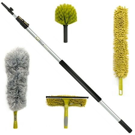 DocaPole Cleaning Kit with 12 Foot Extension Pole // Includes 3 Dusting Attachments + 1 Window Squeegee & Washer // Cobweb Duster // Microfiber Feather Duster // Ceiling Fan Duster & (Best Window Cleaning Pole System)