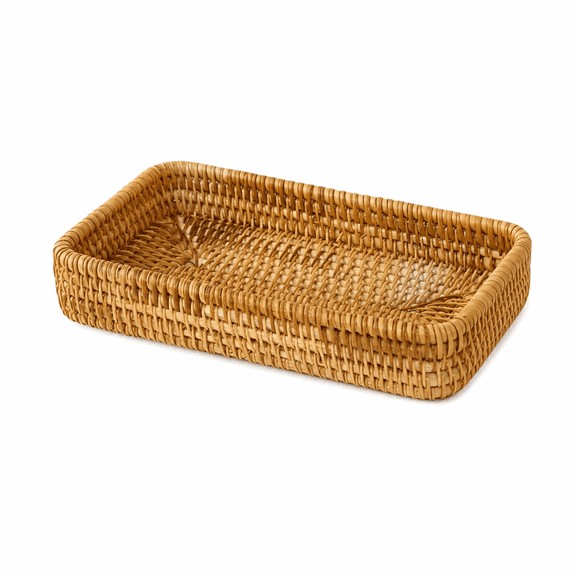 RAIRSKY Small Rectangle Rattan Woven Serving Tray Basket,Boho Wicker Coffee Table Décor Serving Tray,Handmade Display Basket Tray for Organizing Tabletop Kitchen Counter
