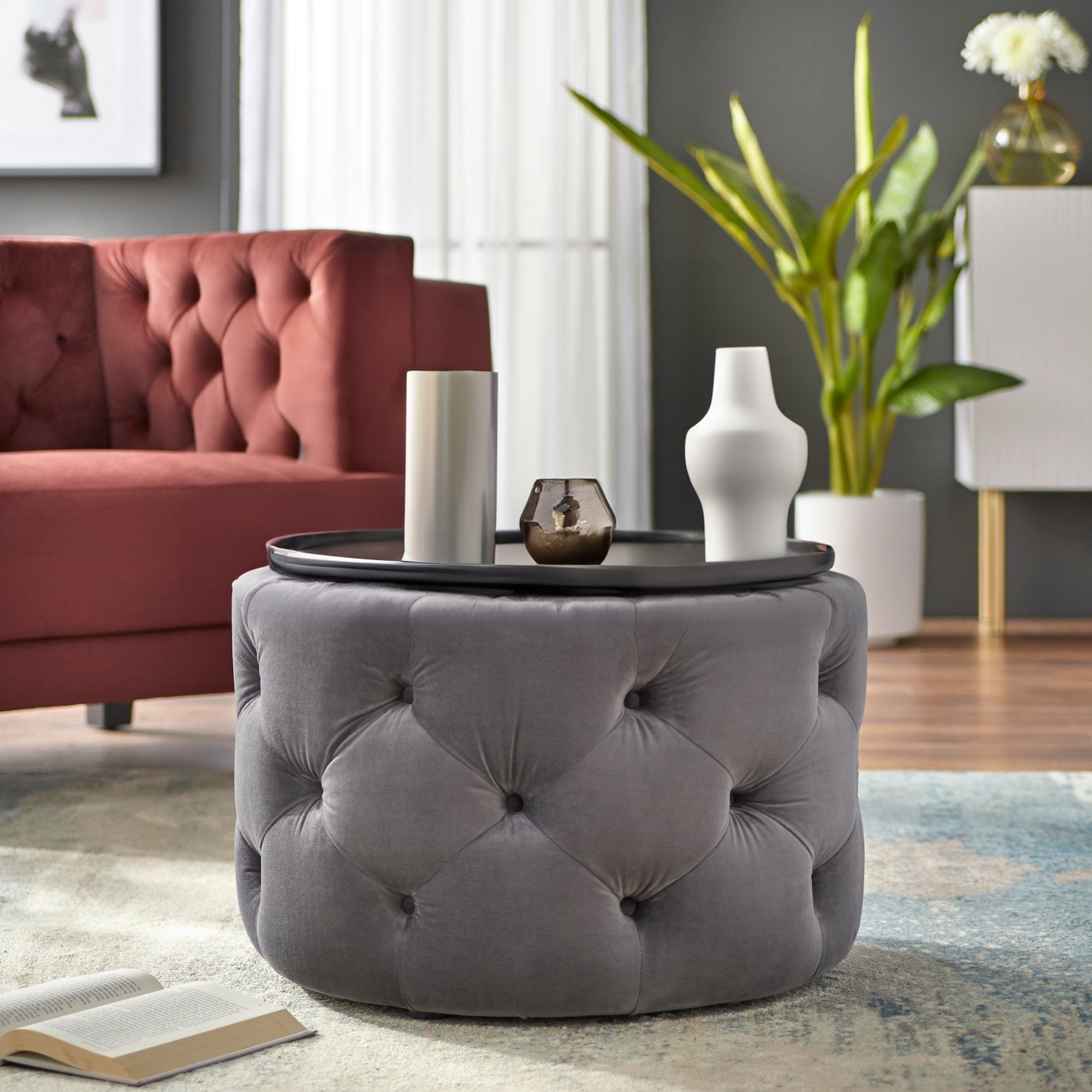 TMS Scopi 24” Transitional Upholstered Round Tufted Wood Ottoman, Gray Velvet