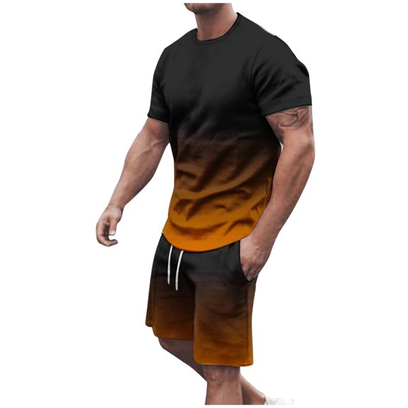 IROINNID Men's 2 Piece Short Sleeve Gradient T Shirt and Shorts Set Crew Neck Ombre Summer Casual Outfit with Drawstring Waist