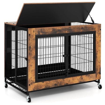 LYYHTY Industrial Dog Crate Furniture with Flip-Up Top, Removable Tray, Double Doors, Wheels, Decorative Dog Kennel for Indoor Use, Rustic Brown