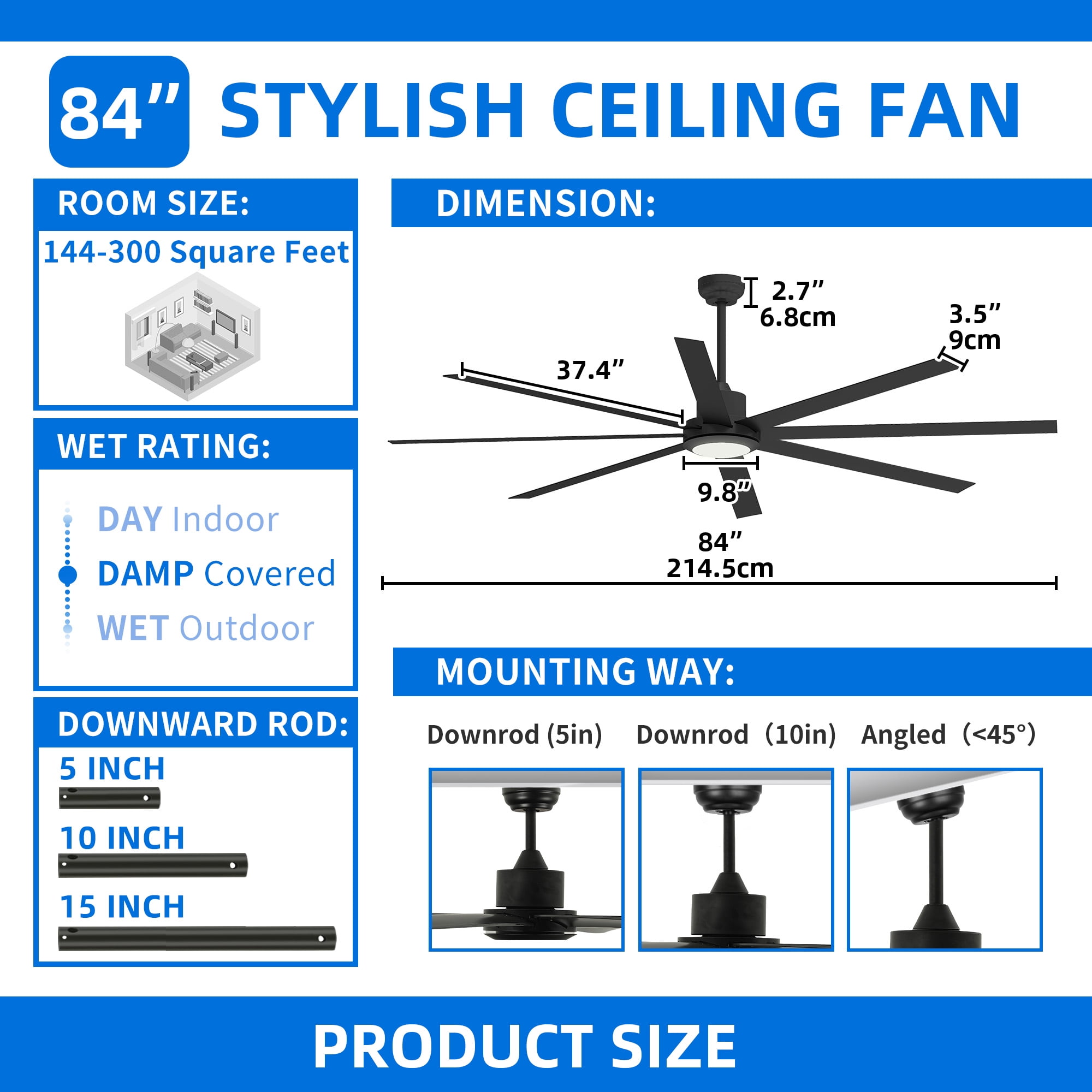 Dextrus 84" Large Ceiling Fan with Lights and Remote 8 Blades 6-Speed Dimmable Indoor Outdoor Ceiling Fan for Patio Living Room Garage, Black