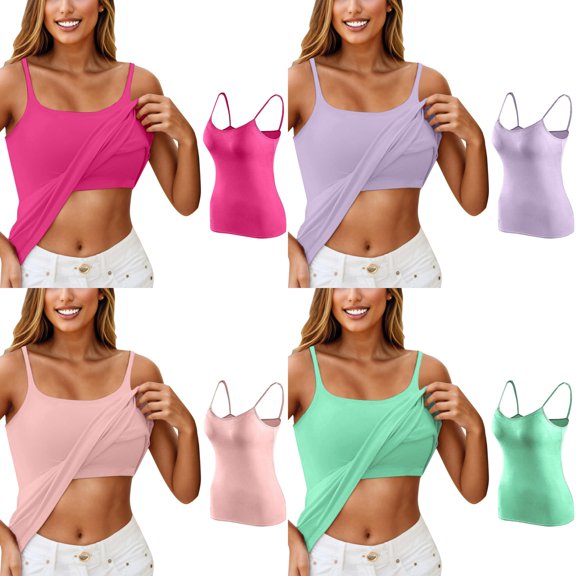 KHONTS Non Padded Shelf Bra Camisole Tops for Women Adjustable Spaghetti Strap Tank Top Summer Cami Shirt Pink XL
