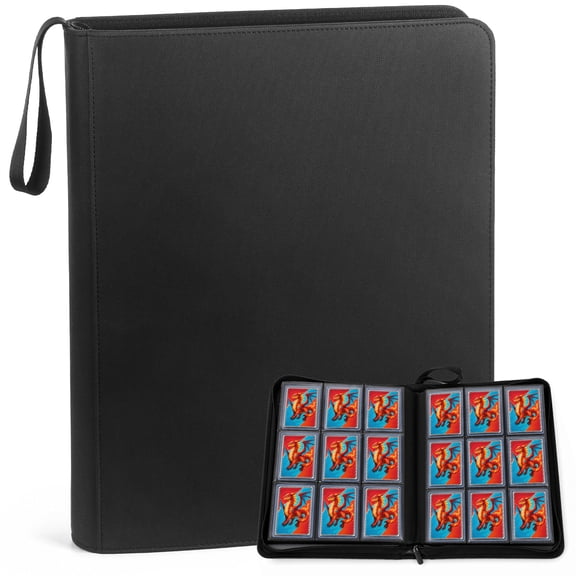 Dufvrpe 9 Pocket Top Loader Binder Holds 360 Cards Side Loading Zipper Toploader Binder PU Leather for 3"×4" Rigid, MTG, TCG, Sports Cards Black